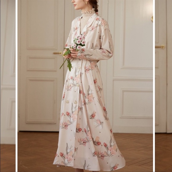 Simple Retro Giselle Tulip floral print midi Dress sz large L - Picture 3 of 13